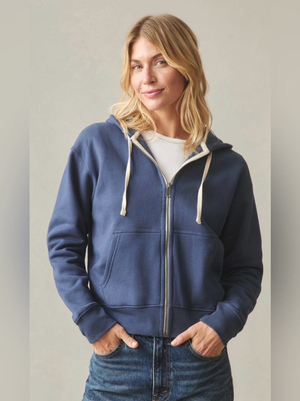 American Giant Navy Zip Hoodie with Contrast Drawstrings